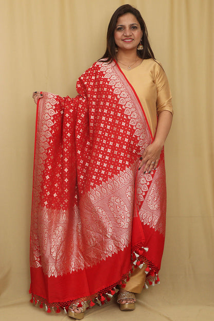 Exquisite Red Banarasi Handloom Pure Moonga Silk Dupatta - Luxurion World