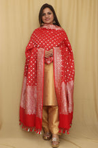 Exquisite Red Banarasi Handloom Pure Moonga Silk Dupatta - Luxurion World- Crafted Heirlooms