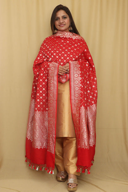 Exquisite Red Banarasi Handloom Pure Moonga Silk Dupatta - Luxurion World