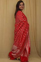 Exquisite Red Banarasi Handloom Pure Moonga Silk Dupatta - Luxurion World- Crafted Heirlooms
