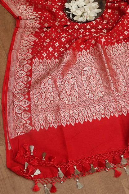 Exquisite Red Banarasi Handloom Pure Moonga Silk Dupatta - Luxurion World