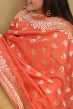 Orange Banarasi Handloom Pure Moonga Silk Dupatta - Luxurion World- Crafted Heirlooms