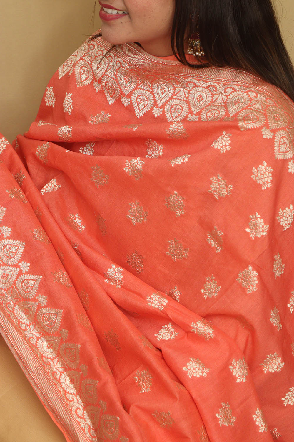 Orange Banarasi Handloom Pure Moonga Silk Dupatta - Luxurion World- Crafted Heirlooms