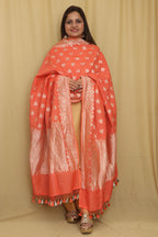Orange Banarasi Handloom Pure Moonga Silk Dupatta - Luxurion World- Crafted Heirlooms