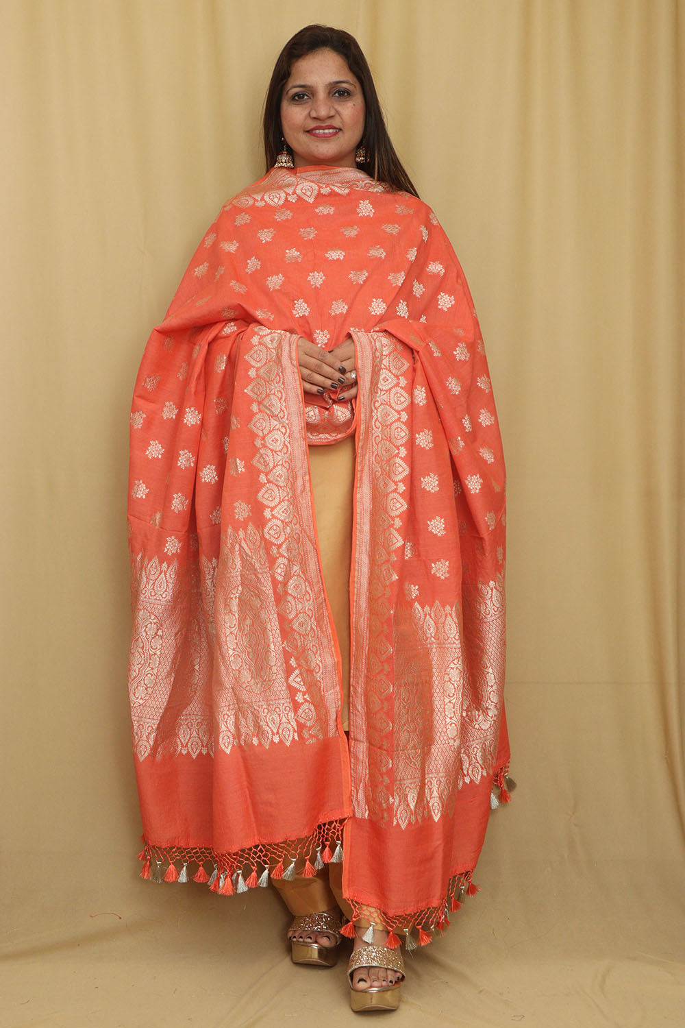 Orange Banarasi Handloom Pure Moonga Silk Dupatta - Luxurion World- Crafted Heirlooms