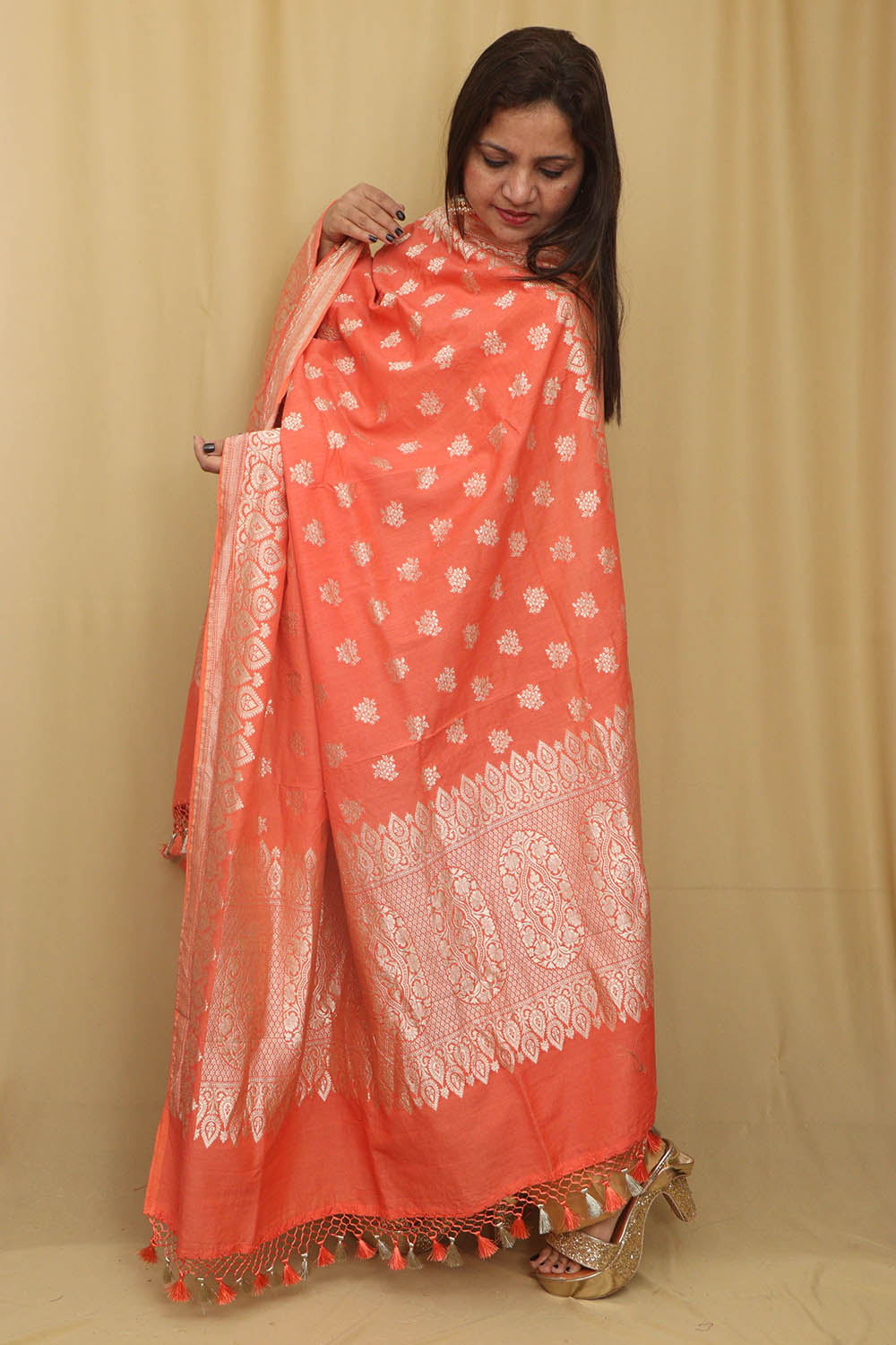 Orange Banarasi Handloom Pure Moonga Silk Dupatta - Luxurion World- Crafted Heirlooms
