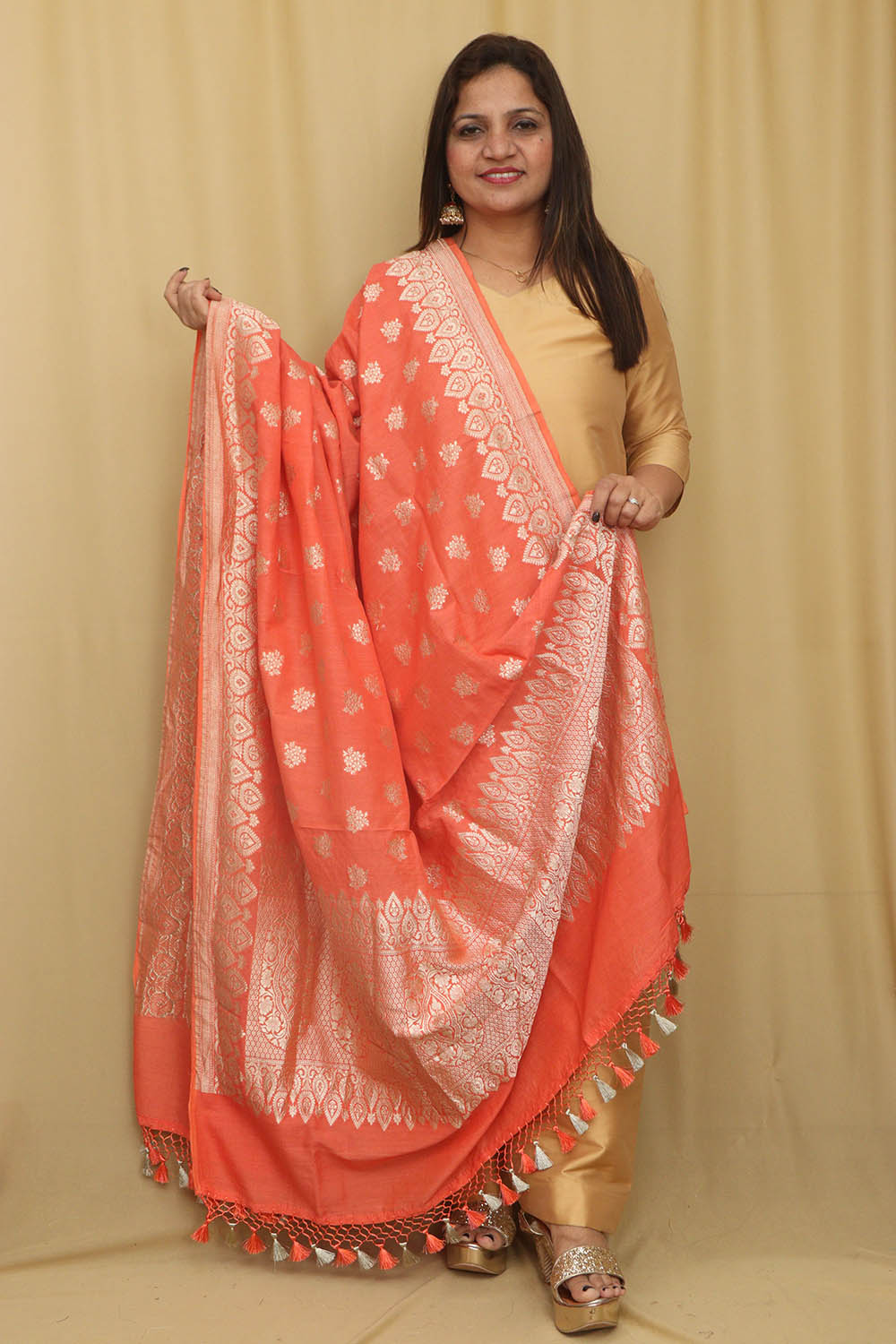 Orange Banarasi Handloom Pure Moonga Silk Dupatta - Luxurion World