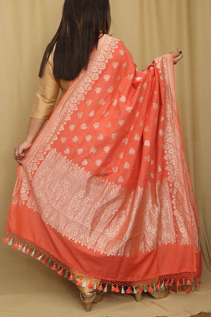 Orange Banarasi Handloom Pure Moonga Silk Dupatta - Luxurion World