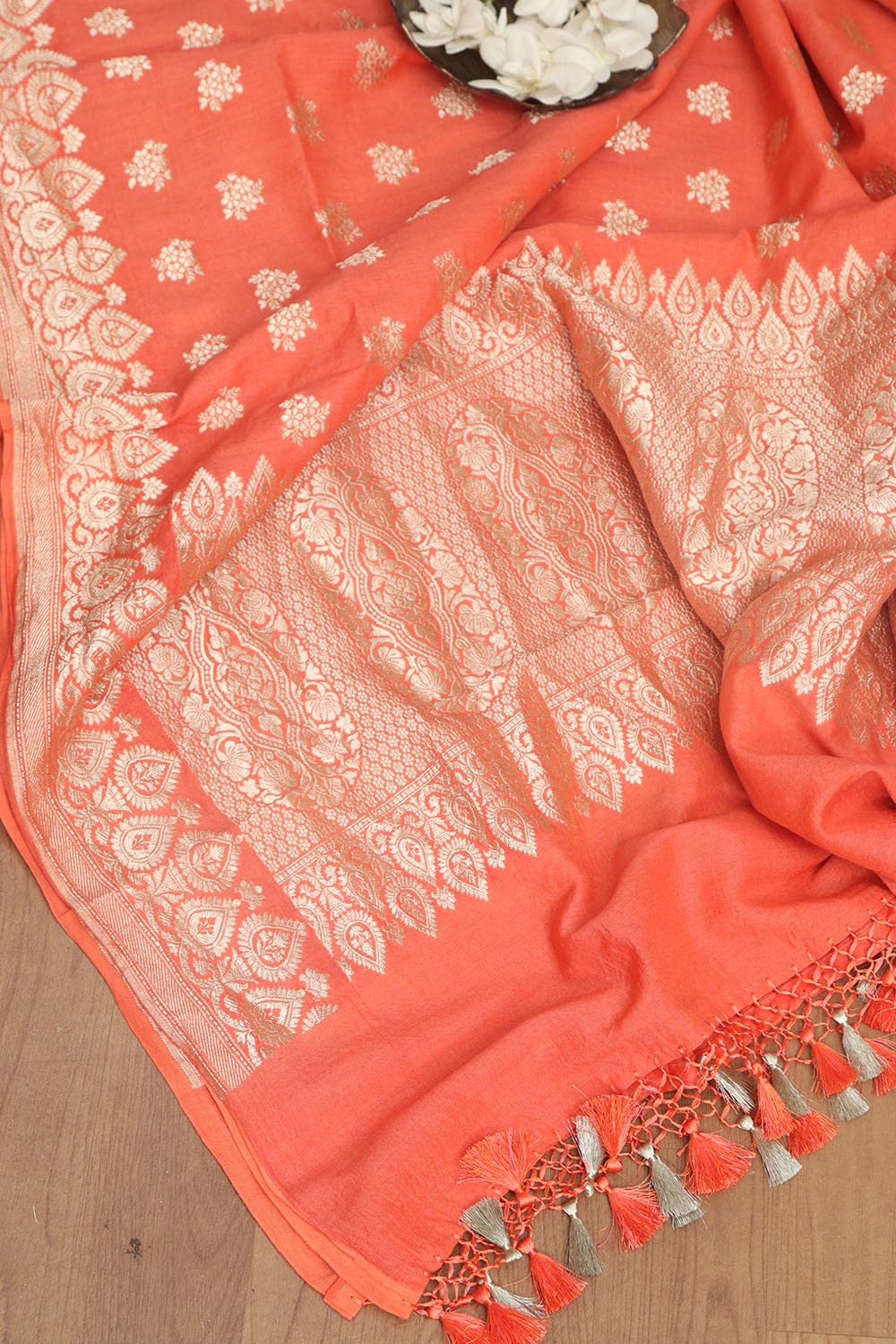 Orange Banarasi Handloom Pure Moonga Silk Dupatta - Luxurion World