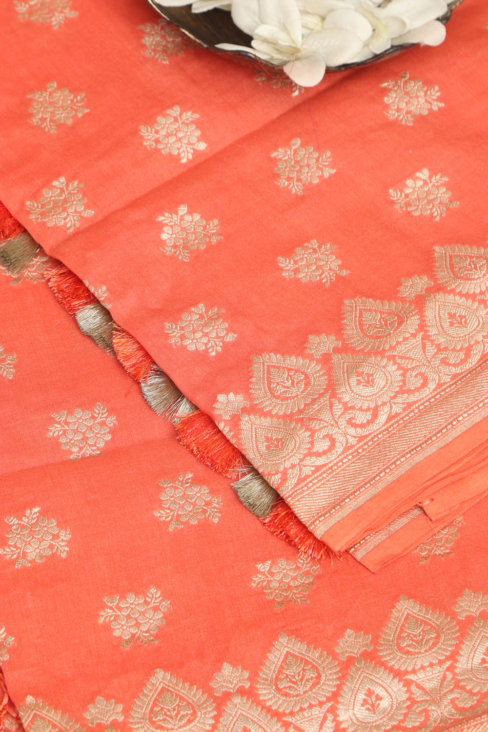 Orange Banarasi Handloom Pure Moonga Silk Dupatta - Luxurion World- Crafted Heirlooms
