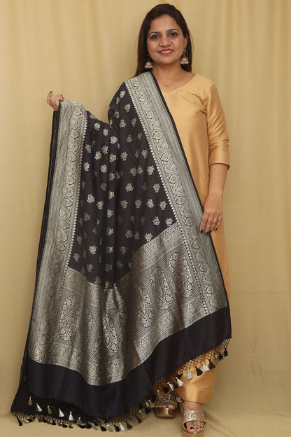 Exquisite Black Banarasi Handloom Pure Moonga Silk Dupatta - Luxurion World
