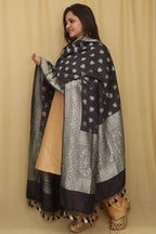 Exquisite Black Banarasi Handloom Pure Moonga Silk Dupatta - Luxurion World- Crafted Heirlooms