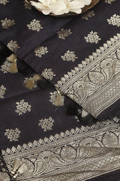 Exquisite Black Banarasi Handloom Pure Moonga Silk Dupatta - Luxurion World