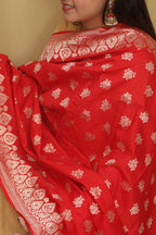 Exquisite Red Banarasi Handloom Pure Moonga Silk Dupatta - Luxurion World- Crafted Heirlooms