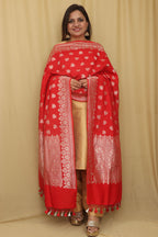 Exquisite Red Banarasi Handloom Pure Moonga Silk Dupatta - Luxurion World- Crafted Heirlooms