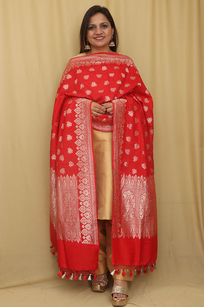 Exquisite Red Banarasi Handloom Pure Moonga Silk Dupatta - Luxurion World