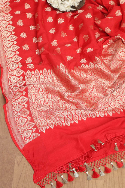 Exquisite Red Banarasi Handloom Pure Moonga Silk Dupatta - Luxurion World