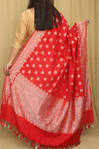 Exquisite Red Banarasi Handloom Pure Moonga Silk Dupatta - Luxurion World- Crafted Heirlooms
