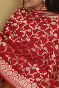 Exquisite Red Banarasi Handloom Pure Moonga Silk Dupatta - Luxurion World- Crafted Heirlooms