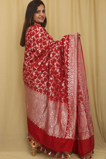 Exquisite Red Banarasi Handloom Pure Moonga Silk Dupatta - Luxurion World