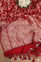 Exquisite Red Banarasi Handloom Pure Moonga Silk Dupatta - Luxurion World- Crafted Heirlooms