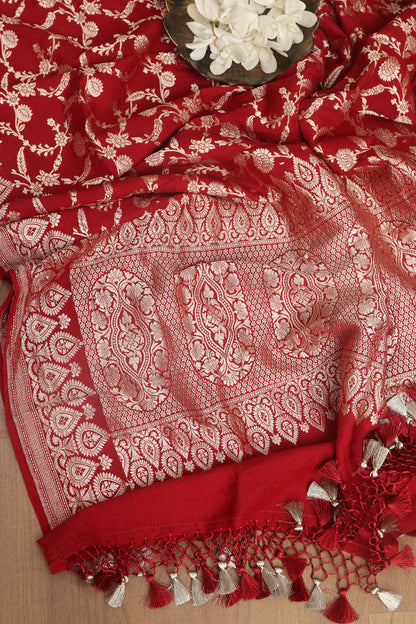 Exquisite Red Banarasi Handloom Pure Moonga Silk Dupatta - Luxurion World