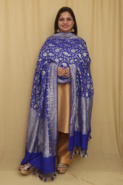 Blue Banarasi Handloom Pure Moonga Silk Dupatta - Luxurion World