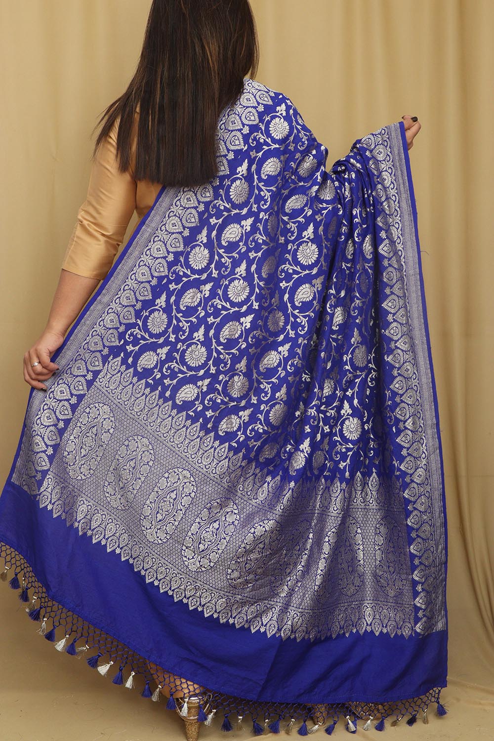 Blue Banarasi Handloom Pure Moonga Silk Dupatta - Luxurion World