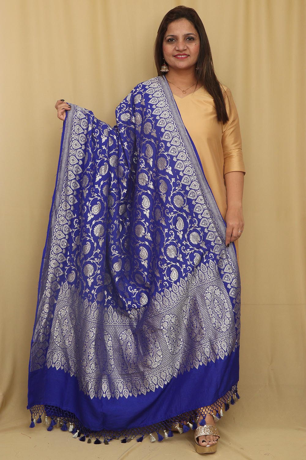 Blue Banarasi Handloom Pure Moonga Silk Dupatta - Luxurion World