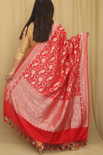 Exquisite Red Banarasi Handloom Pure Moonga Silk Dupatta - Luxurion World