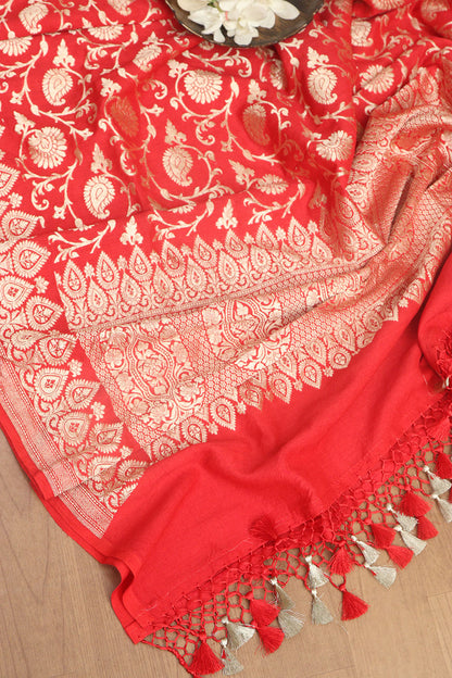 Exquisite Red Banarasi Handloom Pure Moonga Silk Dupatta - Luxurion World