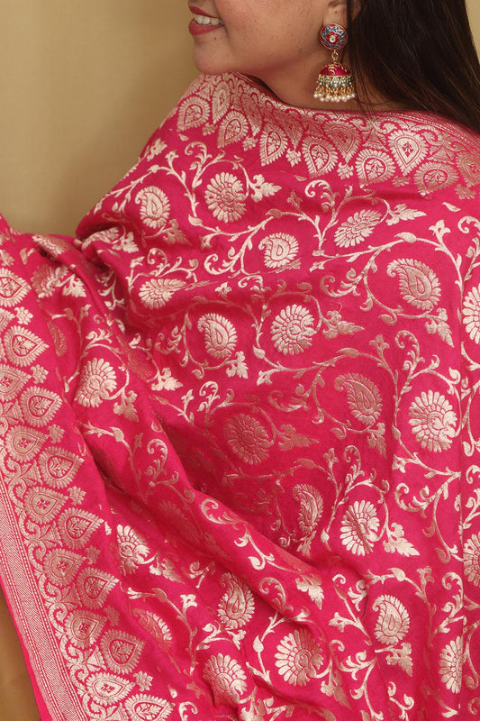 Exquisite Pink Banarasi Handloom Pure Moonga Silk Dupatta - Luxurion World