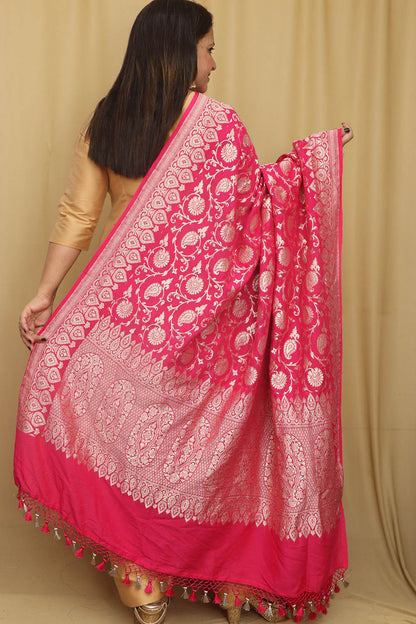 Exquisite Pink Banarasi Handloom Pure Moonga Silk Dupatta - Luxurion World