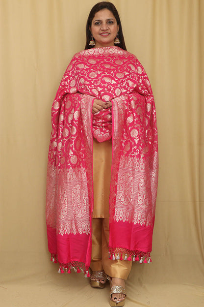 Exquisite Pink Banarasi Handloom Pure Moonga Silk Dupatta - Luxurion World