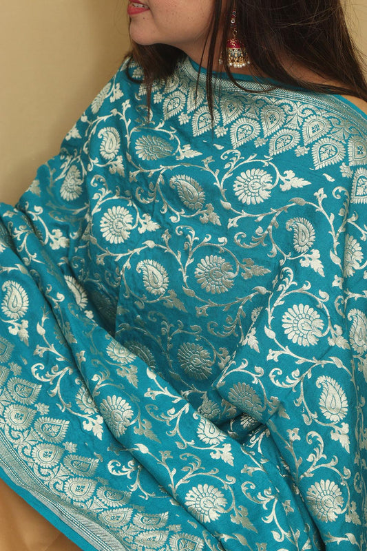 Blue Banarasi Handloom Pure Moonga Silk Dupatta - Luxurion World