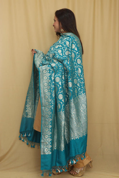 Blue Banarasi Handloom Pure Moonga Silk Dupatta - Luxurion World