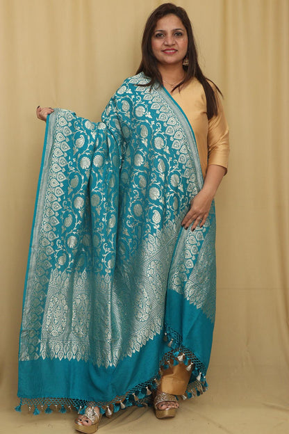 Blue Banarasi Handloom Pure Moonga Silk Dupatta - Luxurion World