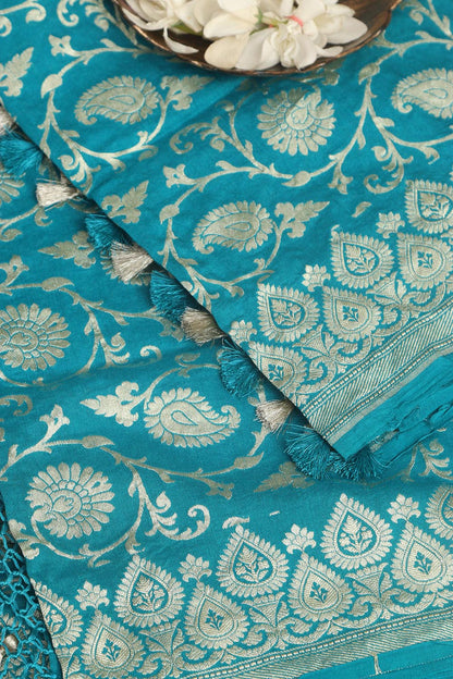 Blue Banarasi Handloom Pure Moonga Silk Dupatta - Luxurion World