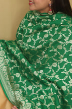 Green Banarasi Handloom Pure Moonga Silk Dupatta - Luxurion World- Crafted Heirlooms