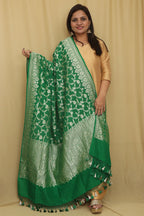 Green Banarasi Handloom Pure Moonga Silk Dupatta - Luxurion World- Crafted Heirlooms