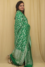 Green Banarasi Handloom Pure Moonga Silk Dupatta - Luxurion World- Crafted Heirlooms