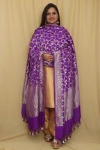 Exquisite Purple Banarasi Handloom Pure Moonga Silk Dupatta - Luxurion World- Crafted Heirlooms