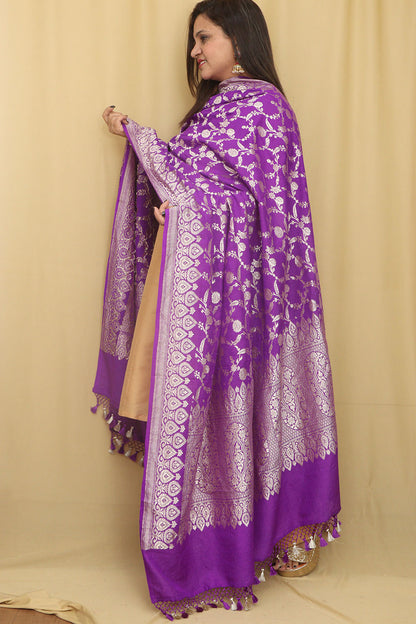 Exquisite Purple Banarasi Handloom Pure Moonga Silk Dupatta - Luxurion World