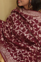 Elegance Maroon Banarasi Handloom Pure Moonga Silk Dupatta - Luxurion World- Crafted Heirlooms