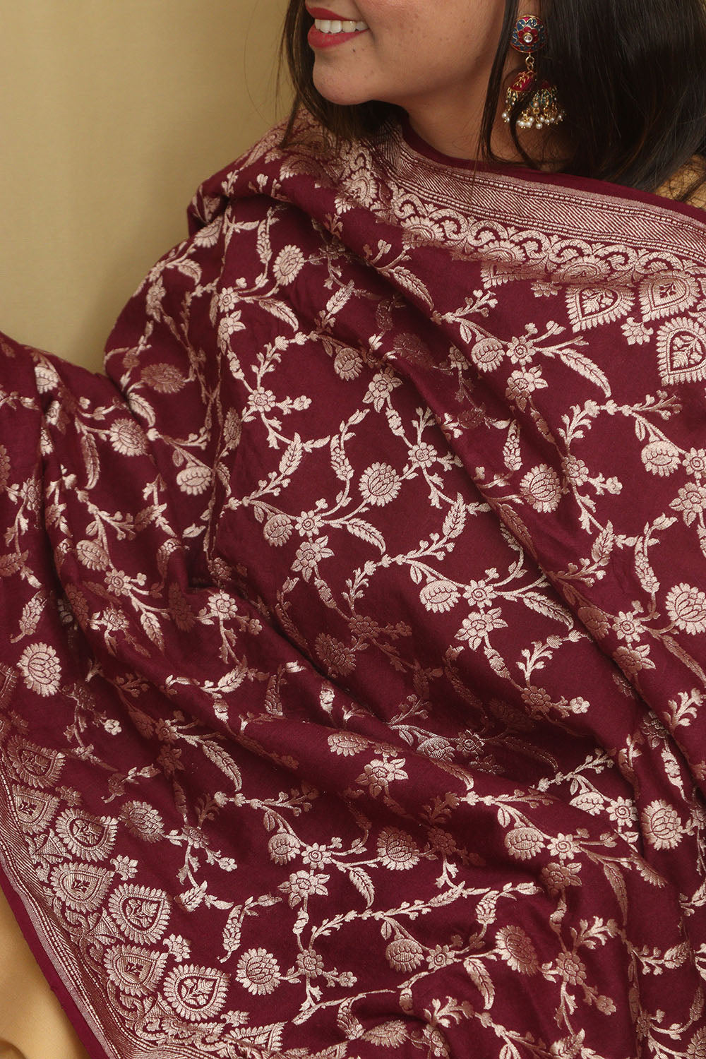 Elegance Maroon Banarasi Handloom Pure Moonga Silk Dupatta - Luxurion World- Crafted Heirlooms