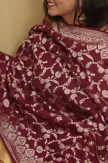 Elegance Maroon Banarasi Handloom Pure Moonga Silk Dupatta - Luxurion World