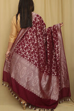 Elegance Maroon Banarasi Handloom Pure Moonga Silk Dupatta - Luxurion World- Crafted Heirlooms