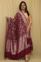 Elegance Maroon Banarasi Handloom Pure Moonga Silk Dupatta - Luxurion World- Crafted Heirlooms