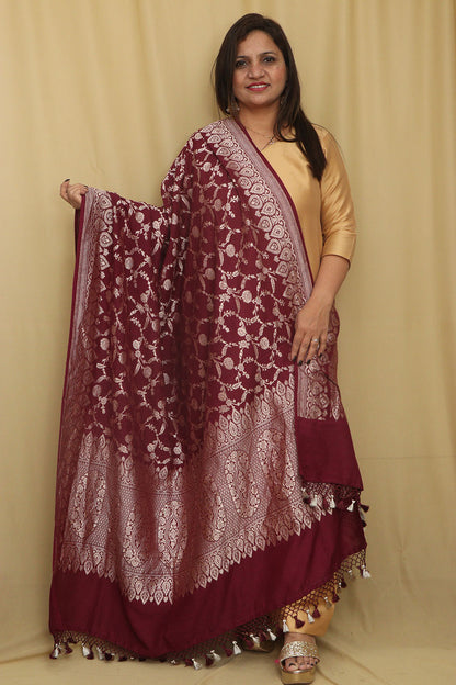 Elegance Maroon Banarasi Handloom Pure Moonga Silk Dupatta - Luxurion World