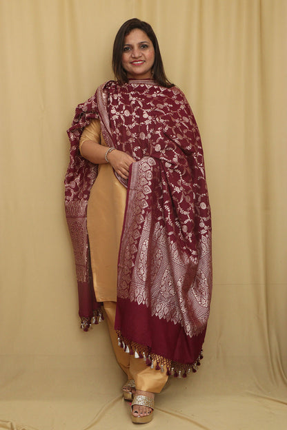Elegance Maroon Banarasi Handloom Pure Moonga Silk Dupatta - Luxurion World